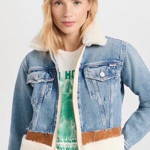 MOTHER Cut and Paste Denim Jacket with Cream Sherpa and Brown Accents